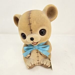 Vintage 1980 josef originals fuzzy wazzy teddy bear flocked bank blue Bow